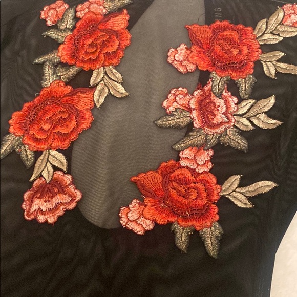Black Sheer Bodysuit with Red Floral Embroidery - Picture 3 of 6